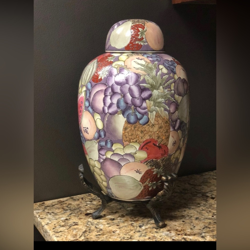 Mid century modern Large Chinoiserie Ginger Jar with Lid Fruit Embossed